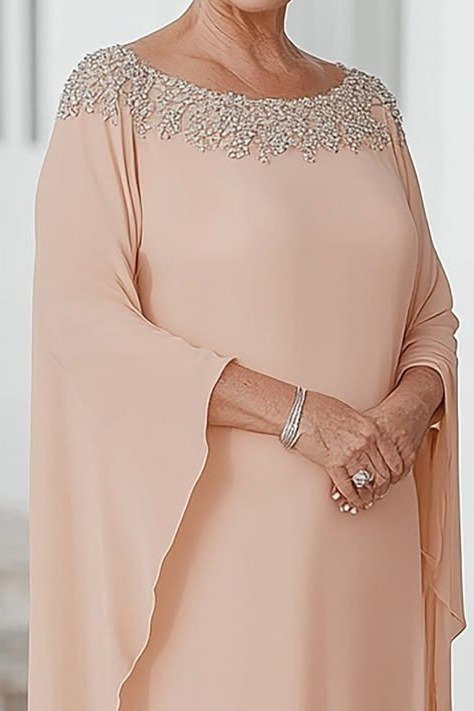 Blush-Peach Chiffon Gown with Cape Sleeves - evening outfit for women over 60