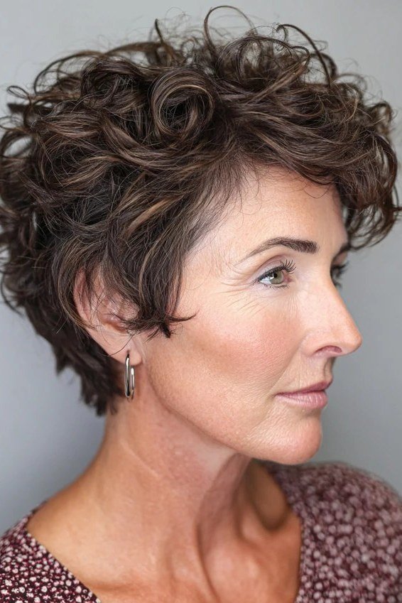 Brunette curly bob with side sweep for mature women
