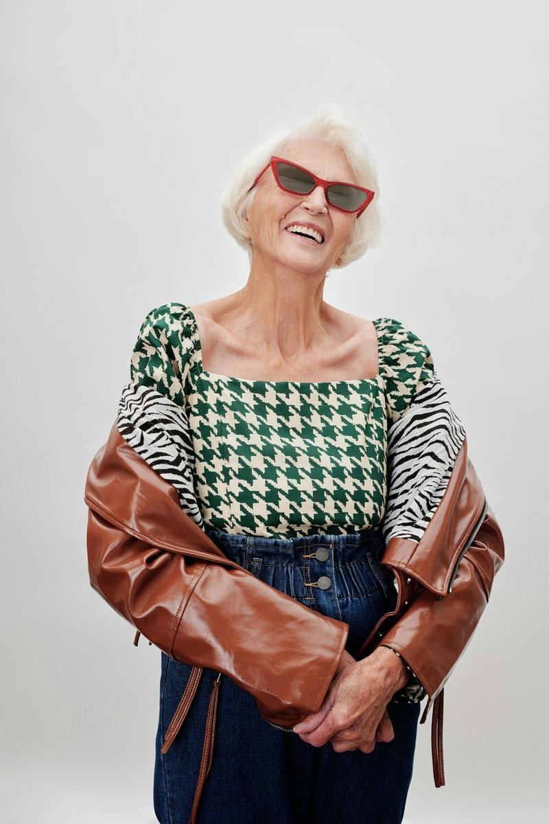 Houndstooth Top and Leather Jacket outfit for women over 70, chic style idea 44