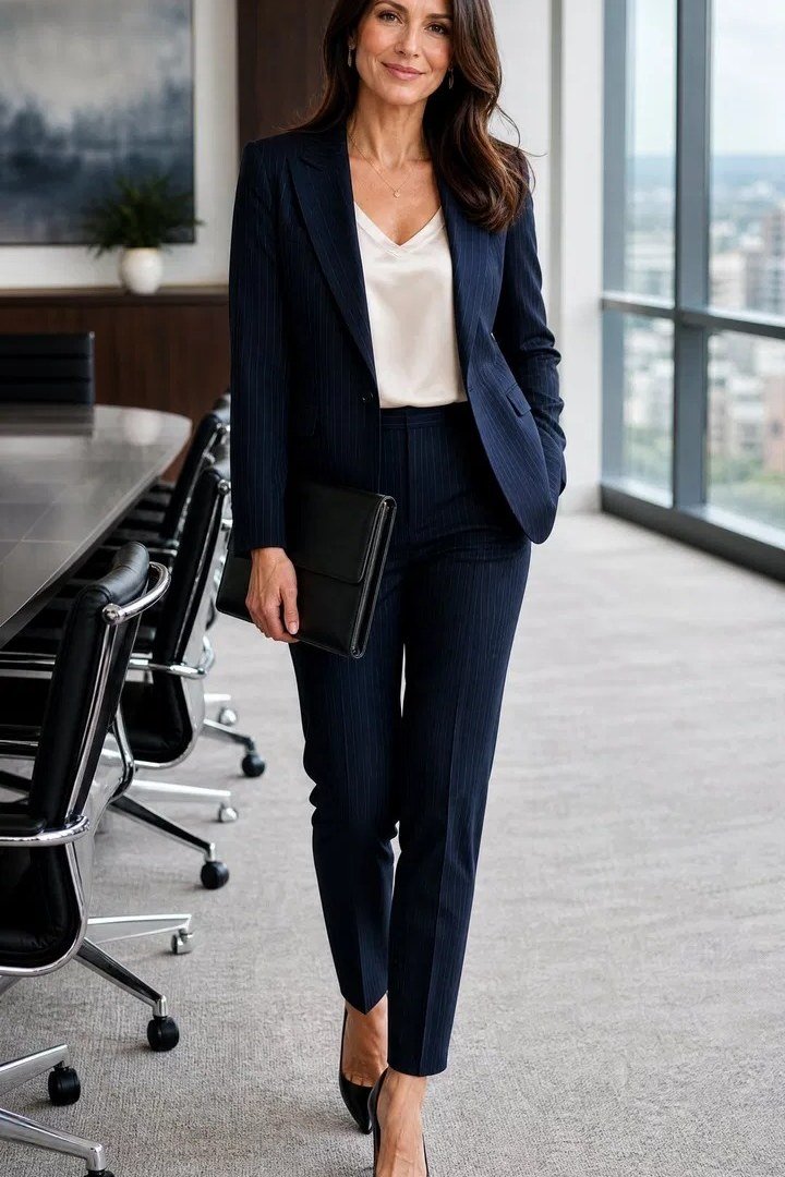 Navy suit with white top in a conference room
