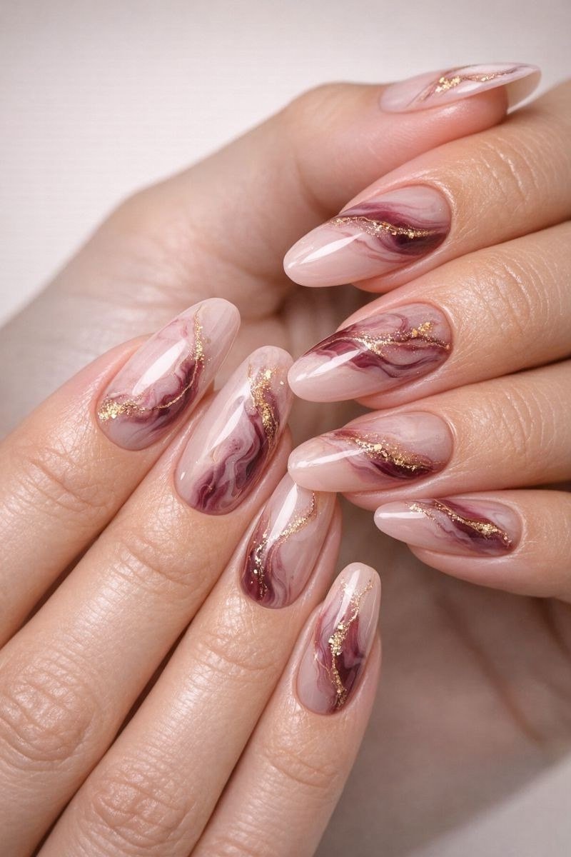 Nude nails with burgundy marble accent nails for women over 50