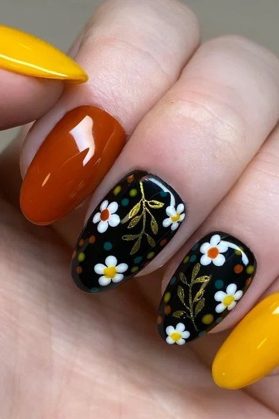 Mustard black floral nails, fall nail design for women over 60