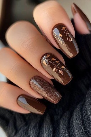 Brown ombre with gold shimmer almond, elegant fall nail design for women over 40
