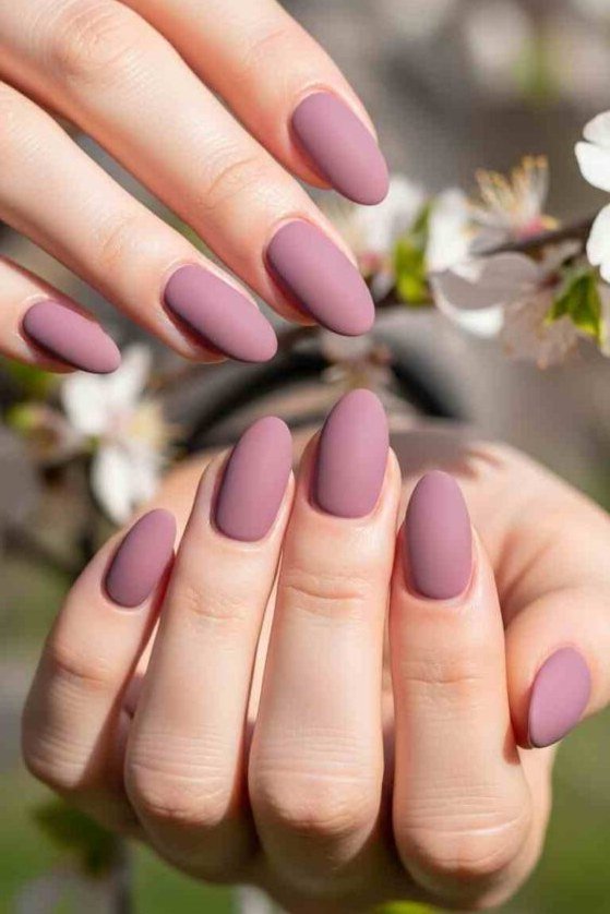 Mauve Almond Nails with Cherry Blossom Art, elegant mauve nail idea for women over 60
