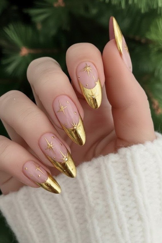 nude nails with gold french tip christmas manicure