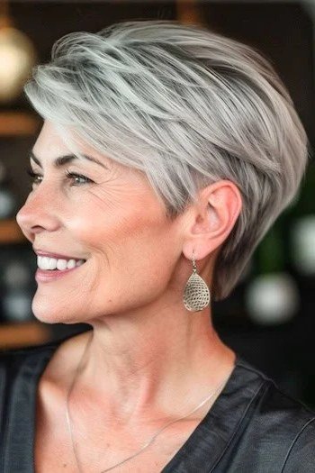 Soft silver pixie haircut for women over 70, side view