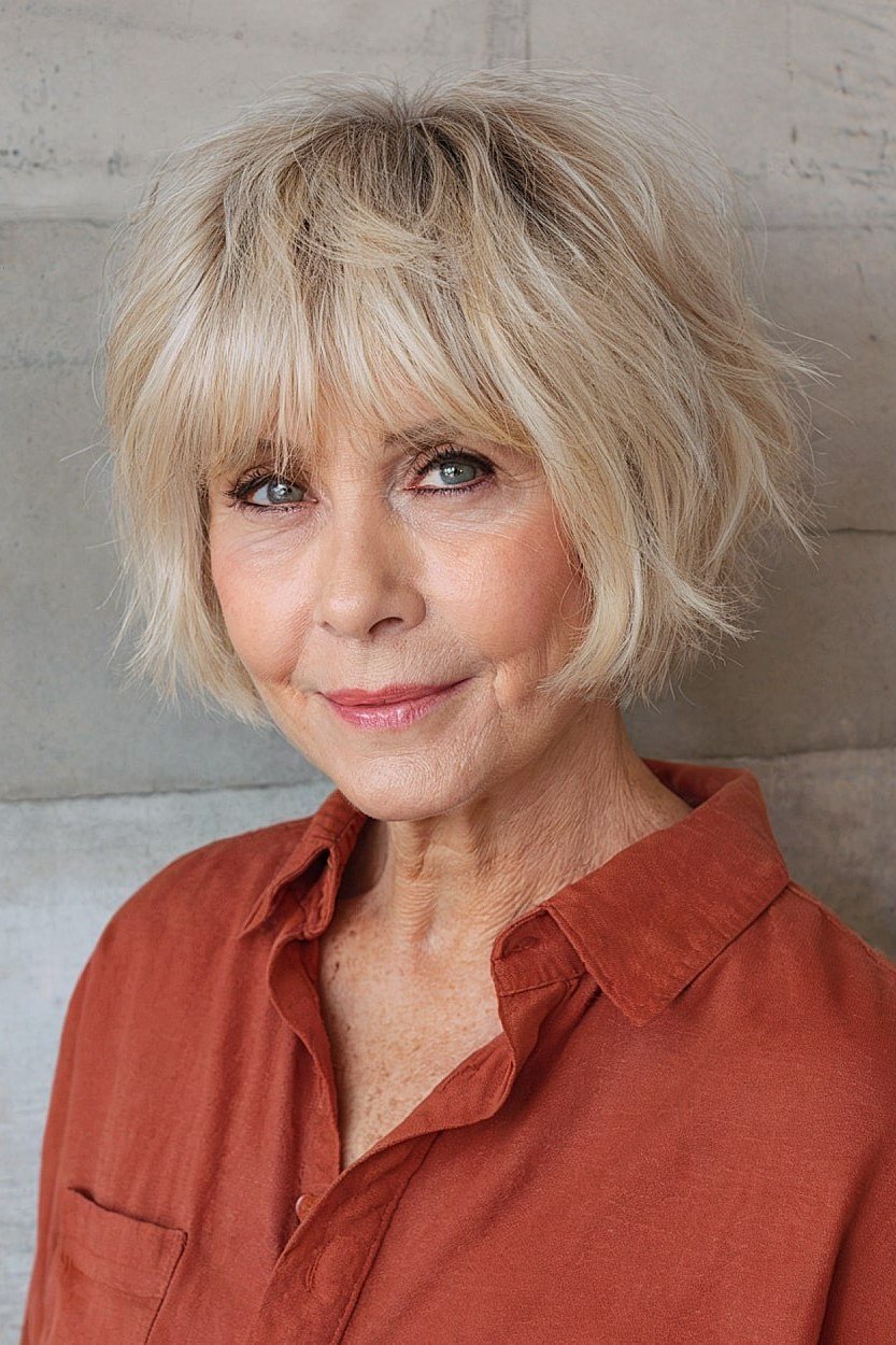 Blonde Pixie-Bob with Wispy Bangs - shaggy bob haircut for women over 60
