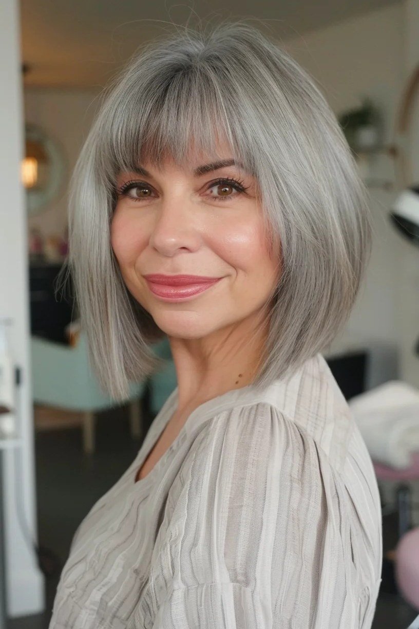 classic salon silver bob haircut, side view