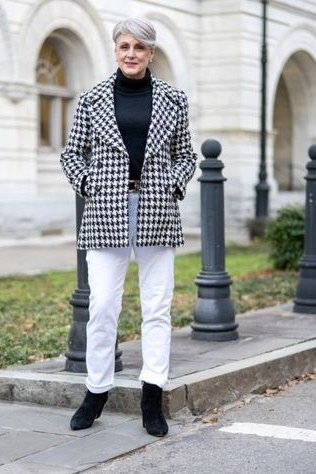 Gingham blazer with black turtleneck and white jeans for women over 60