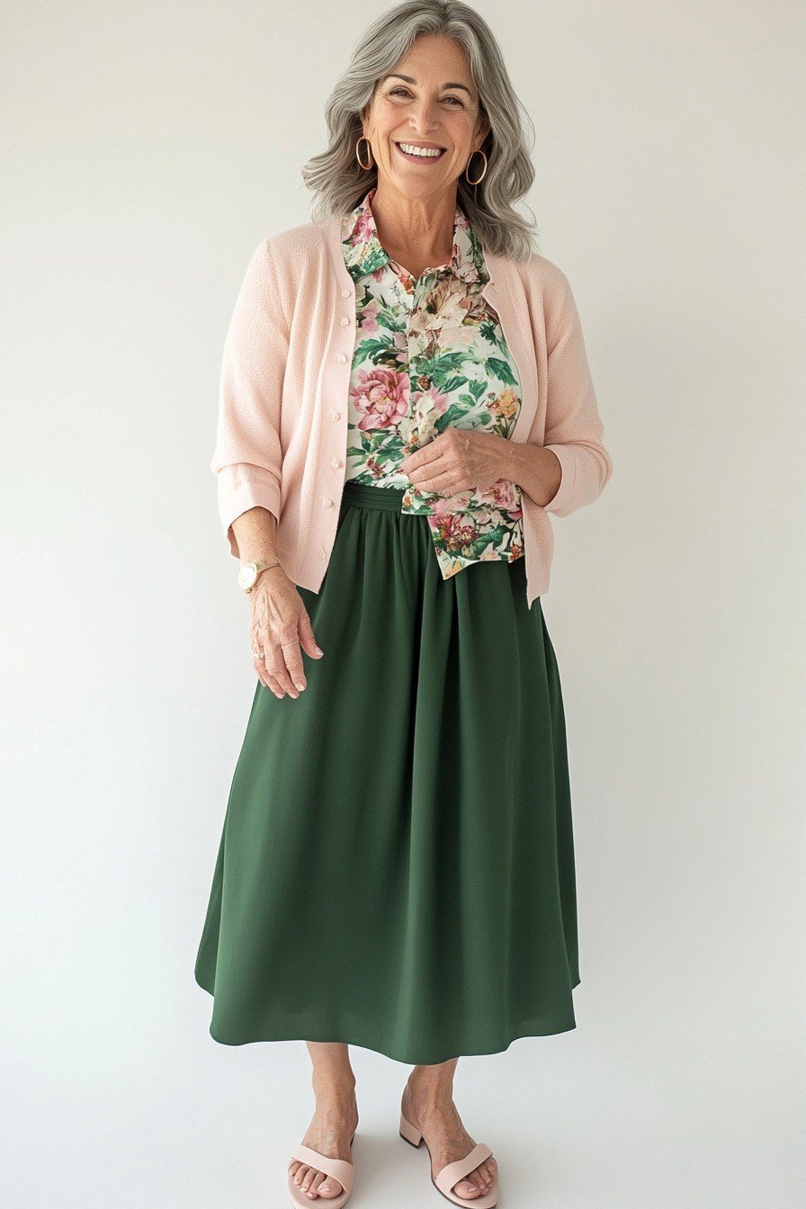 Pink Cardigan With Floral Blouse and Green Skirt - flattering outfit idea for women over 50, how to dress better over 50