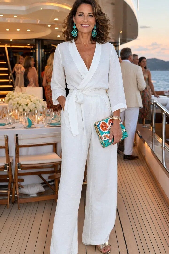 White wrap jumpsuit with colorful clutch, cruise outfit for women over 40