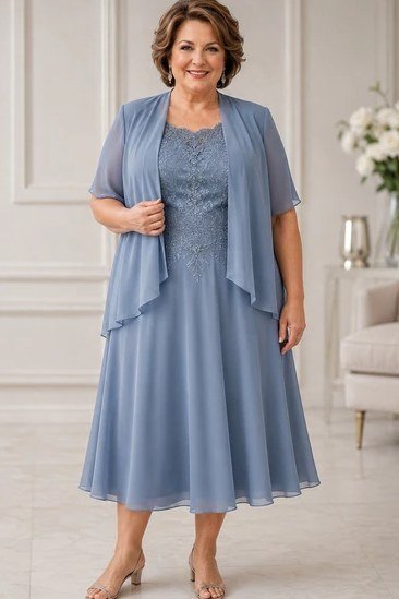 dusty blue mother-of-bride dress with sheer jacket, interior,, elegant wedding guest dress for women over 60