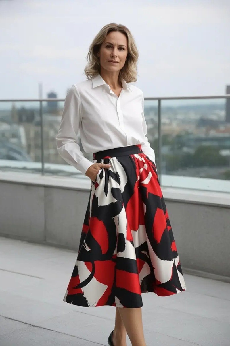 White Shirt With a Bold Red, Black and White Midi Skirt, smart casual outfit for women over 50