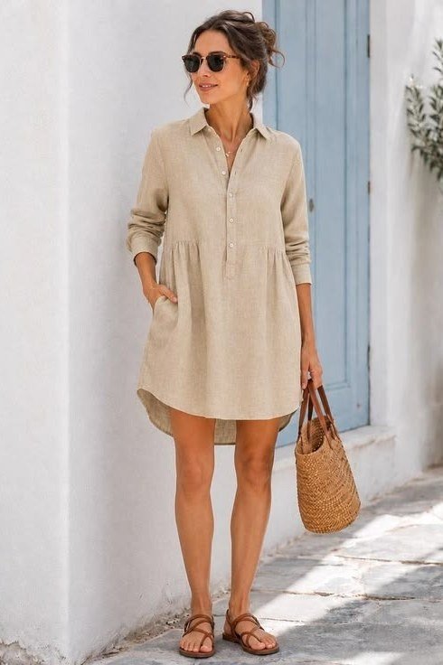 Beige shirt dress with woven tote, white wall for women over 60