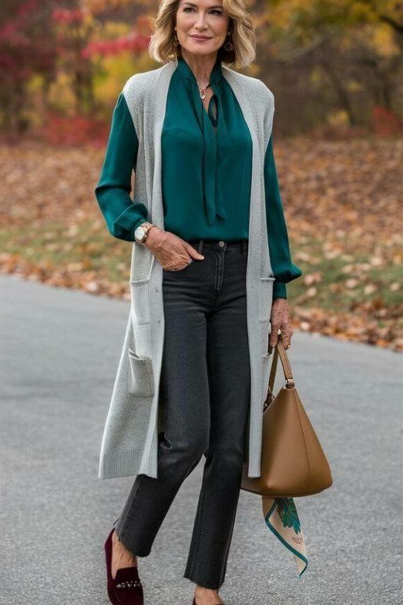 emerald blouse, grey vest and burgundy loafers fall outfit for women over 60