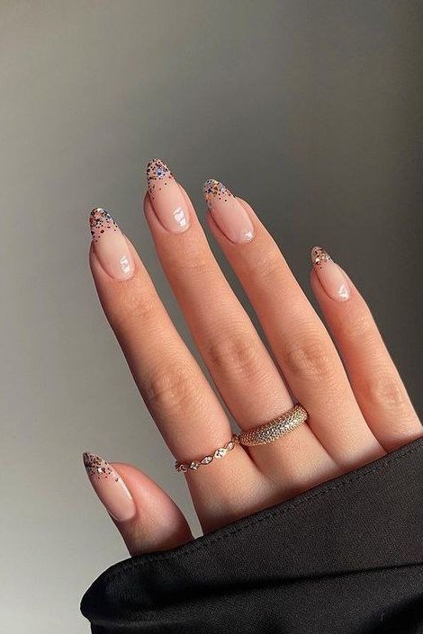 Nude Gold Glitter Tip Almond Nails - nude gold glitter tip almond nails, glitter winter nail design for women over 60