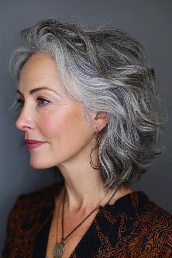 shoulder length wavy silver bob for women over 50, side view