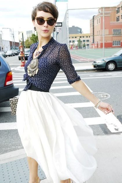 Navy Lace Top with White Midi Skirt - chic casual outfit for women over 50
