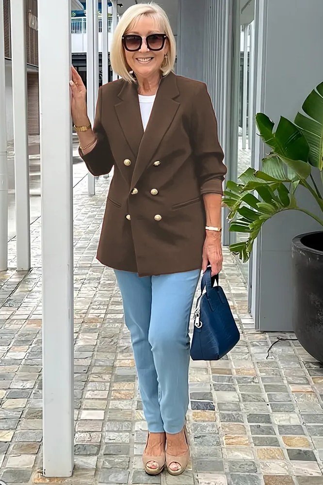 Brown Blazer with Blue Jeans, classic casual outfit for women over 70