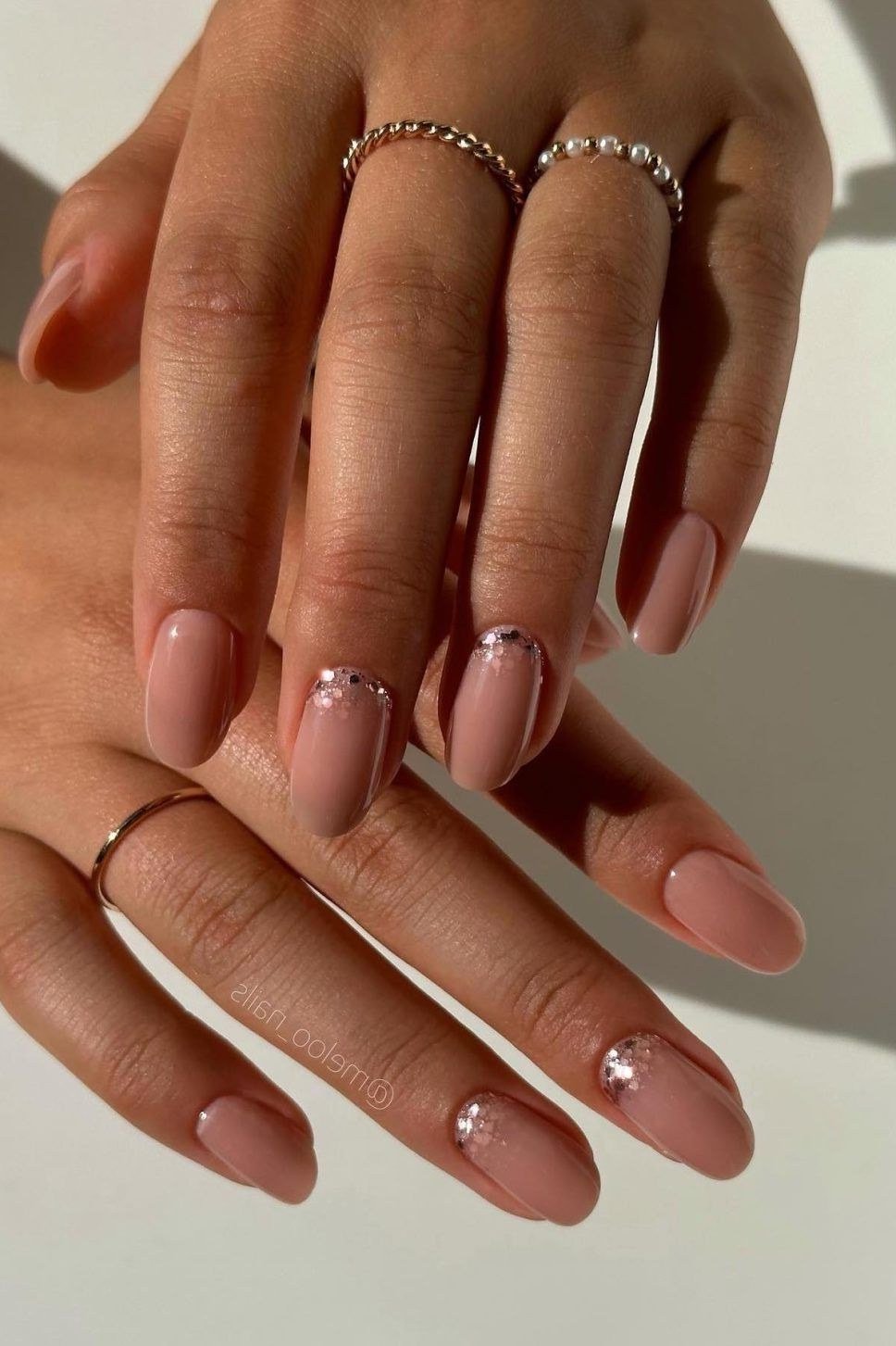 Rhinestone Accent Nude Nails - nude nail art idea for women over 40