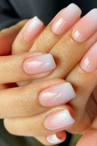 pink white baby boomer fade on short square nails