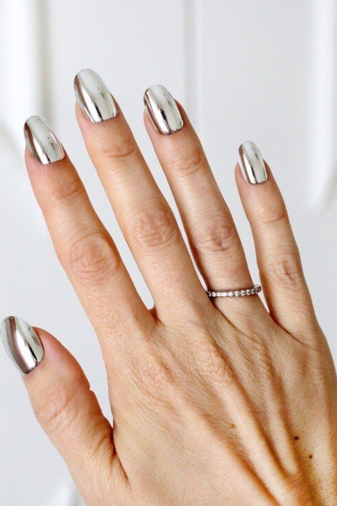 Silver Chrome French on Long Almond Nails - chrome nail designs for women over 60
