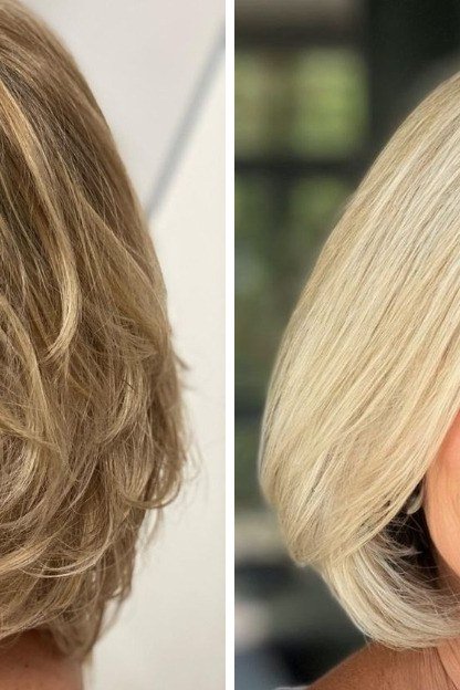 Blonde Layered Bob from Two Sides, medium hairstyle for women over 70