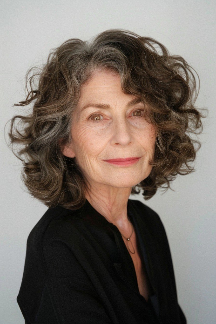 Salt-and-pepper curly lob front view - curly hairstyle for women over 60
