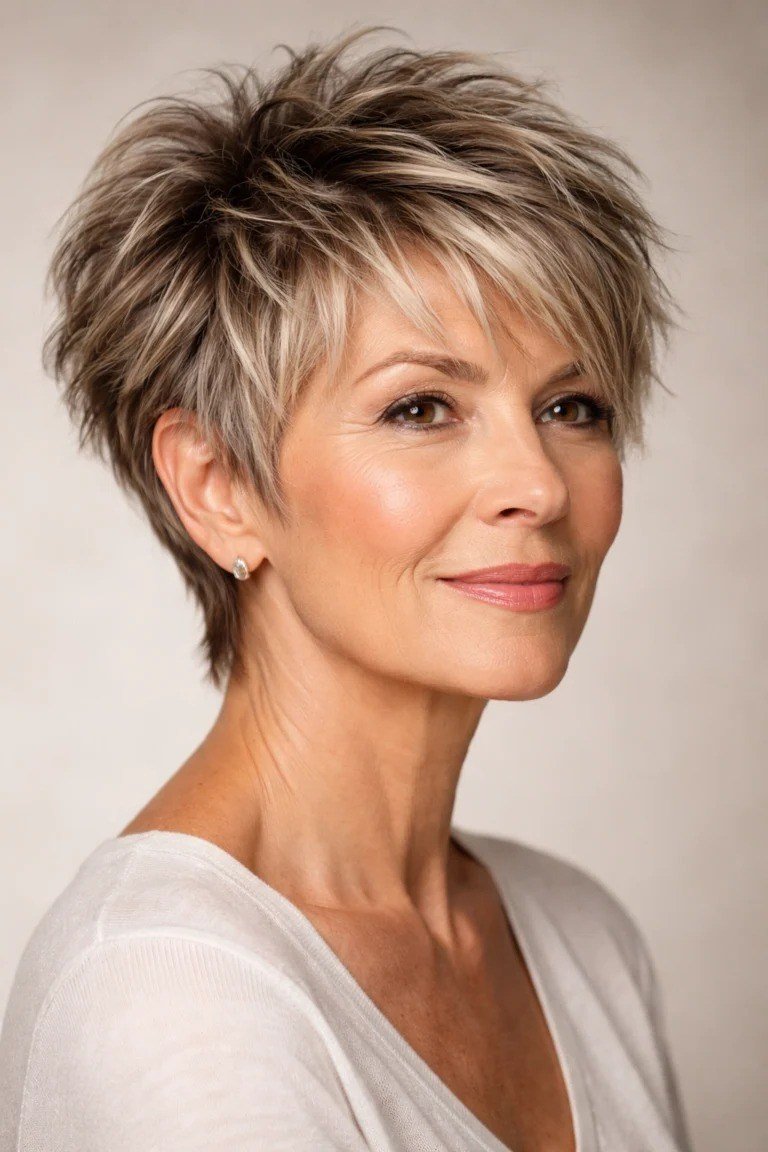 Warm brown pixie with soft feathered fringe