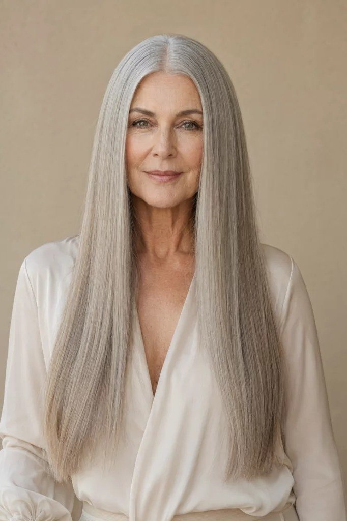 Very long straight silver hair for women over 50