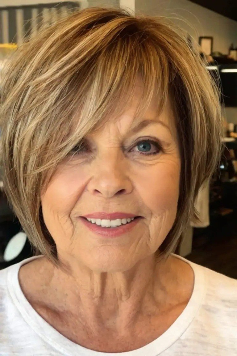 auburn-blonde layered bob, front view, smiling — chin-length layered bob hairstyle for women over 50