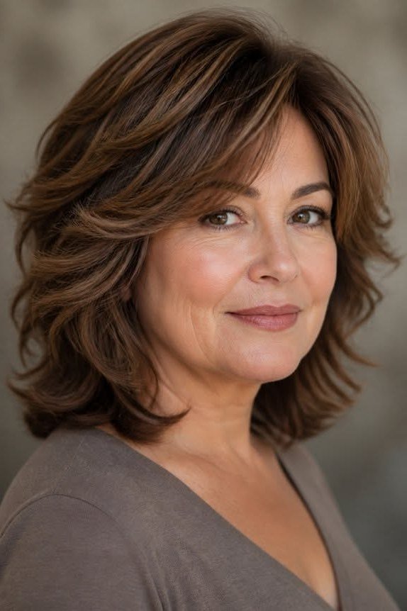 Polished Brunette Layered Lob - layered lob hairstyle for women over 60
