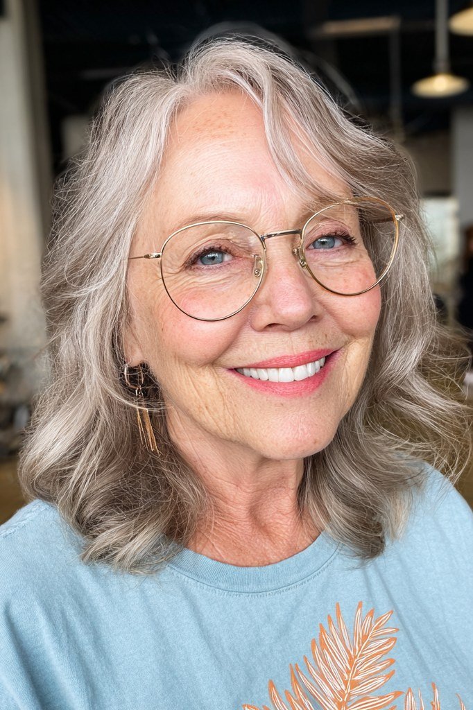 Silver-Grey Butterfly Layers with Glasses - butterfly cut hairstyle for women over 60
