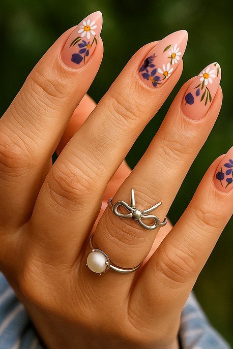 Almond nails with delicate wildflower art and bow ring