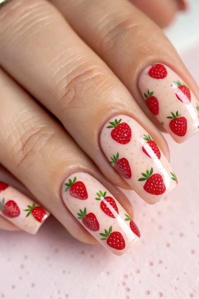 Almond sheer pink nails with all-over strawberry print