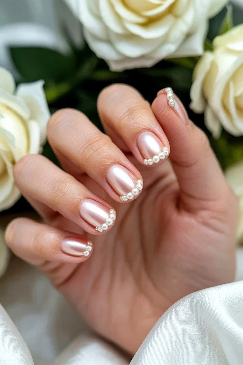 Chrome Pearl Tips for a Wedding - pearl finish nail idea for women over 60