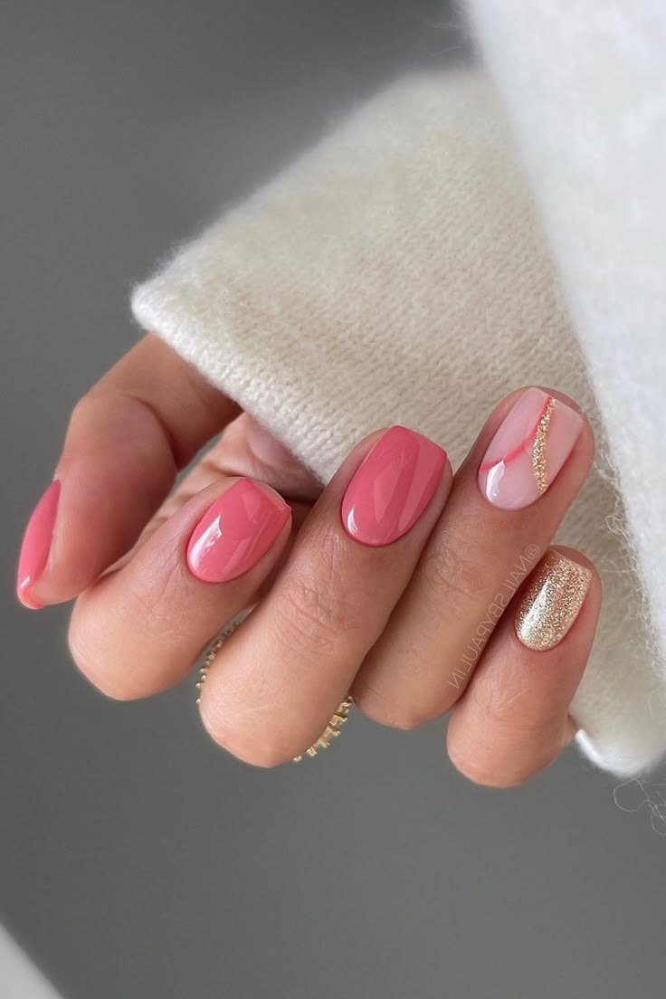pink and coral two tone short nails