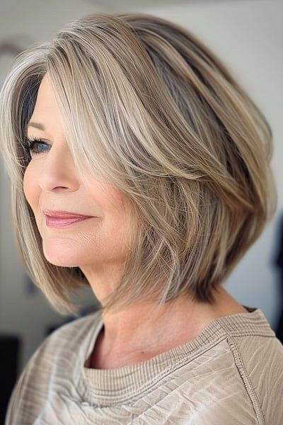 Ash-blonde bob with side-swept bangs in three-quarter view for women over 60