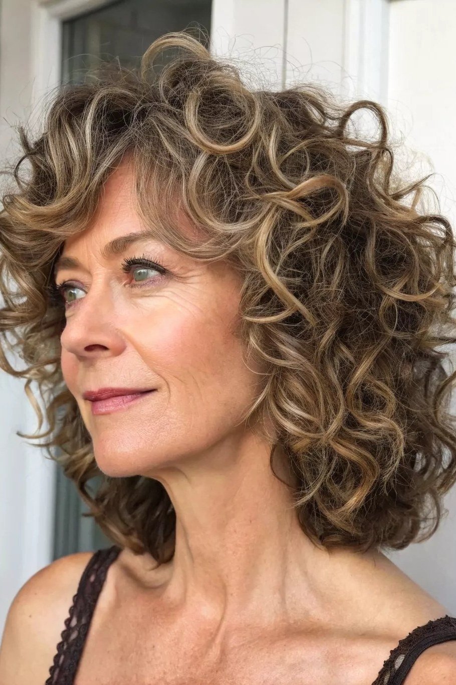 Soft brown curly lob, three-quarter view, older woman