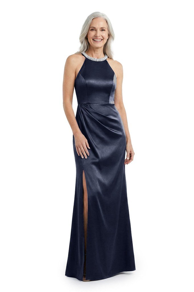 navy satin halter gown with thigh slit