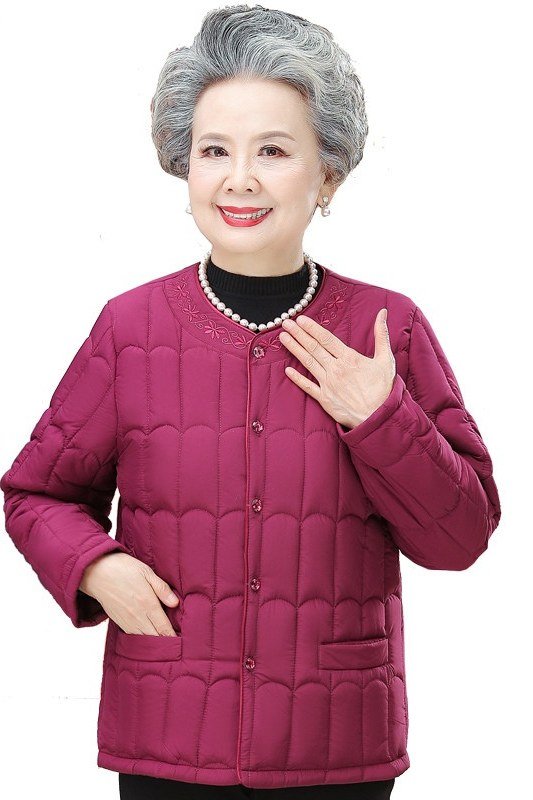 Magenta quilted jacket outfit for women over 60
