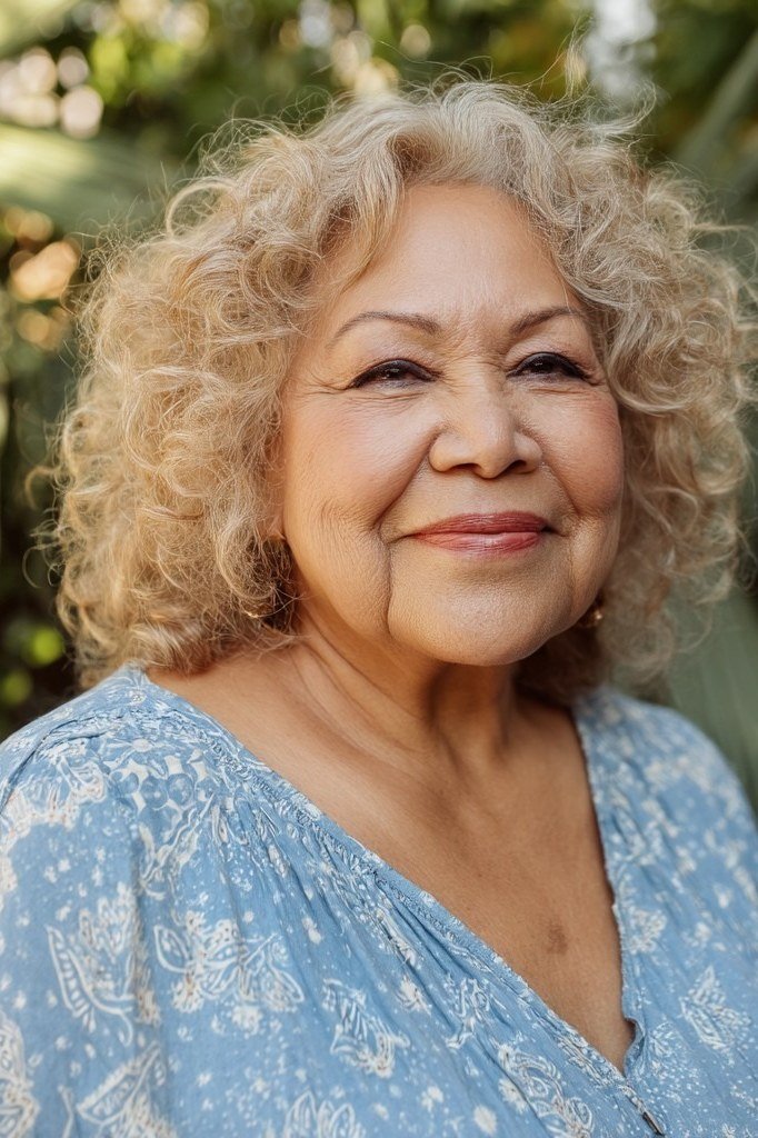 Blonde Curly Shoulder Lob - medium hairstyle for women over 60