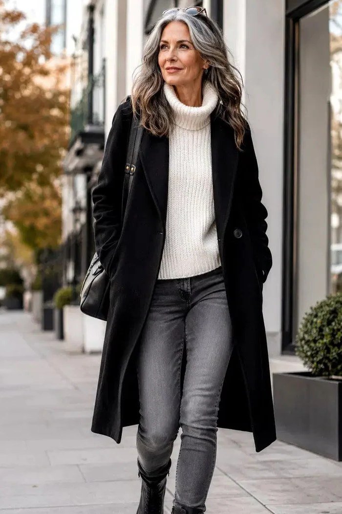 Black coat with cream turtleneck and gray jeans, casual fall outfit for women over 50