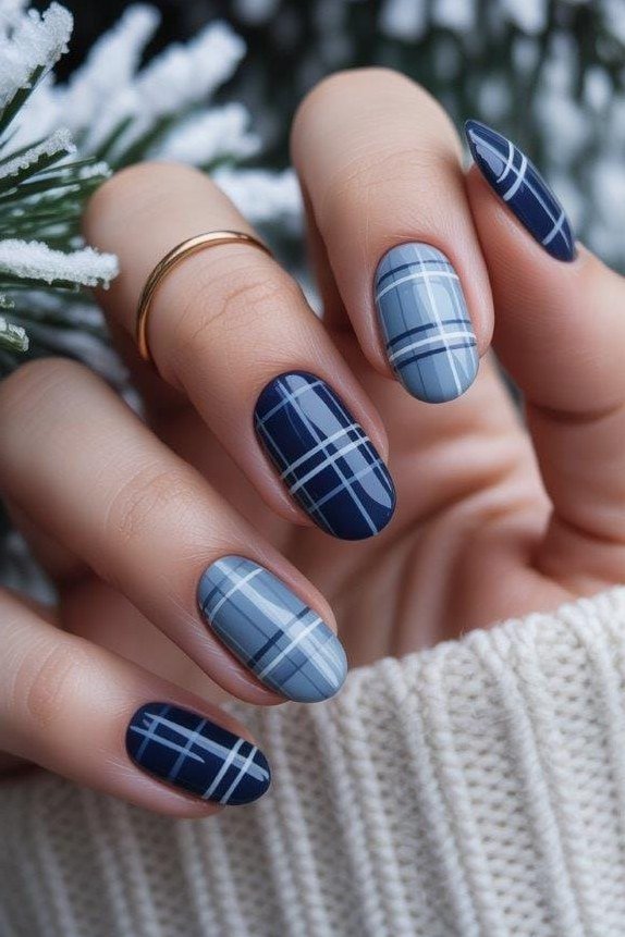 Blue Plaid Nails with Snowflakes, fun winter nail idea for women over 60