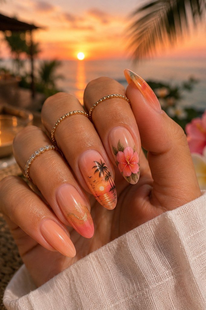Sunset Palm Ombre on Almond Nails - Peach and coral ombre fades across these medium almond nails with tiny palm and flower accents near the cuticle.