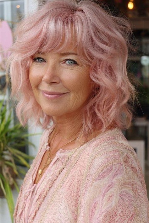 Pastel Pink Wavy Bob - short wavy bob hairstyle for women over 60