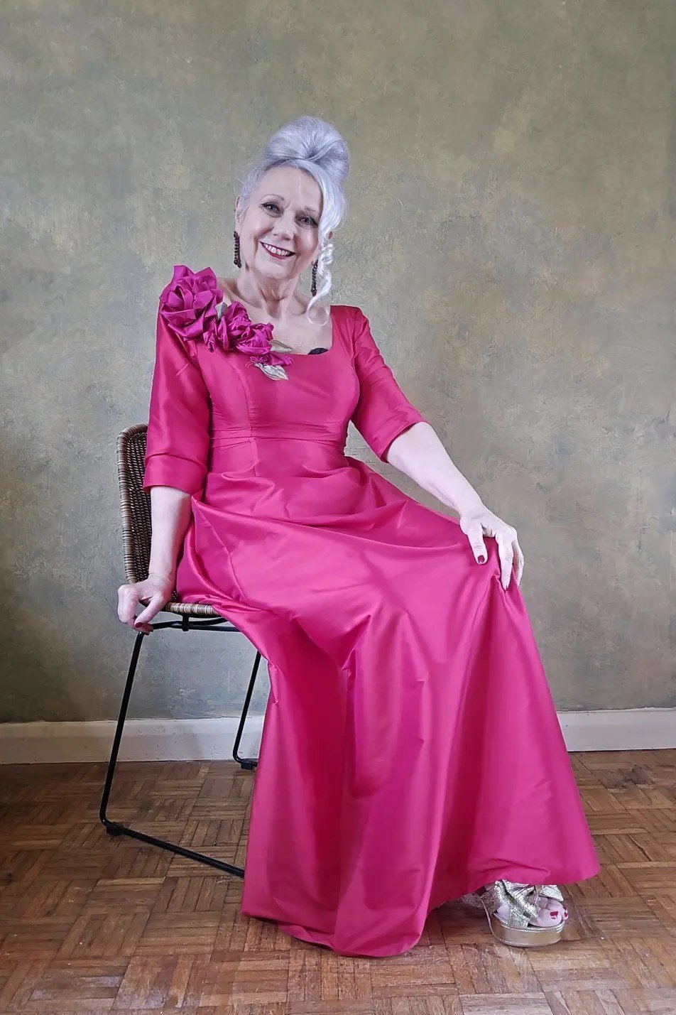 Fuchsia satin evening gown for women over 60