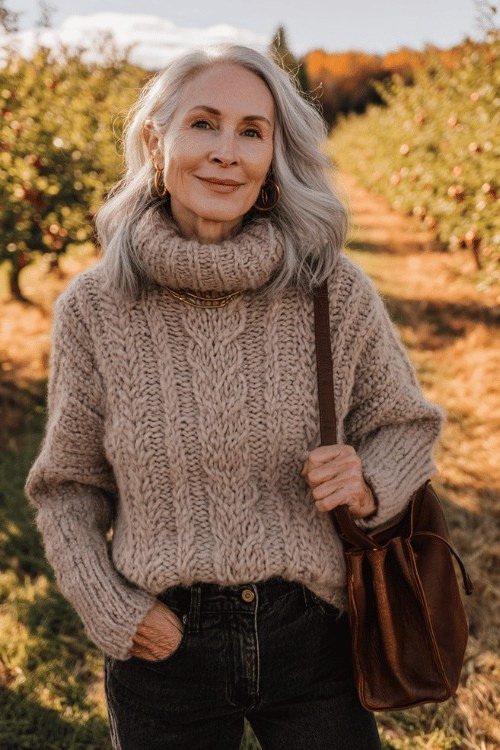 older woman in chunky beige turtleneck with dark jeans and brown shoulder bag
