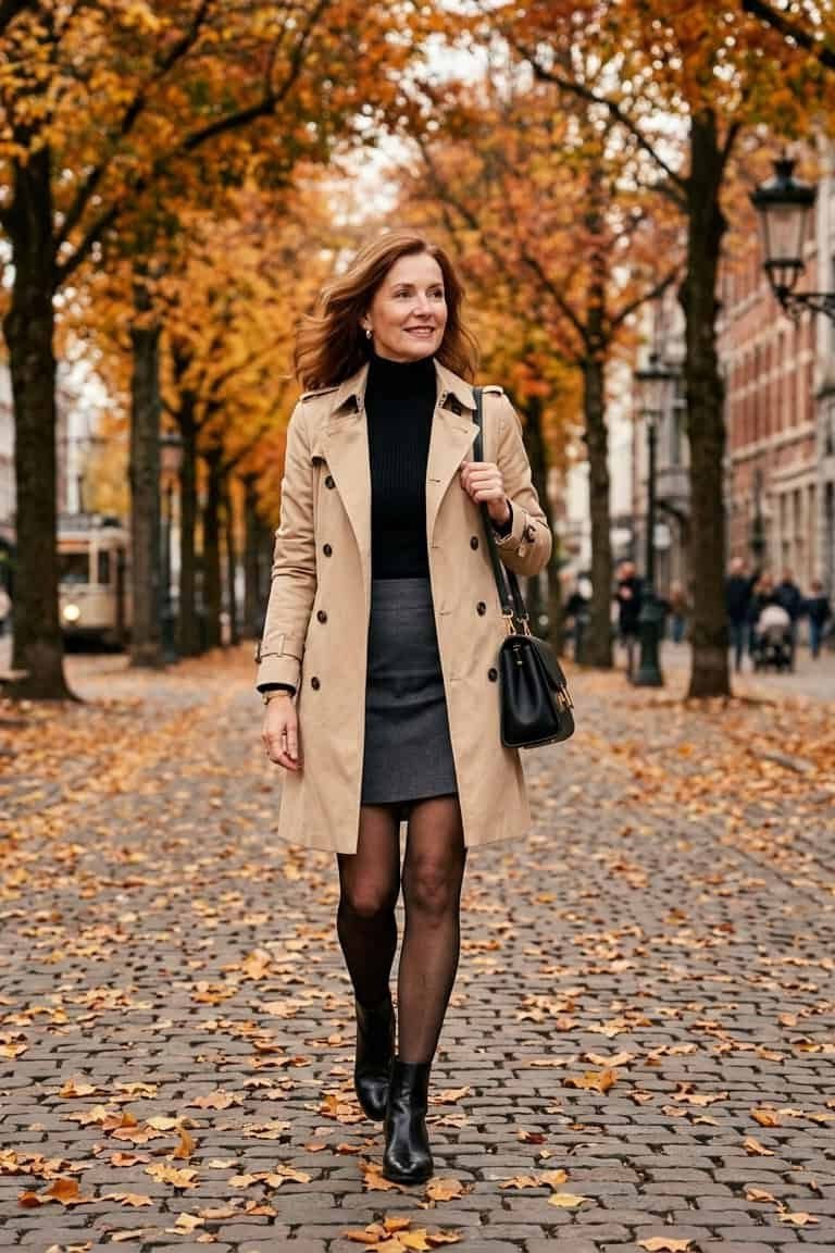 Camel Blazer with Grey Plaid Mini - fall outfit for women over 40