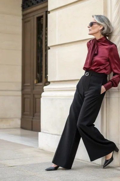 burgundy satin blouse with black wide leg trousers, rich fall outfit for women over 50